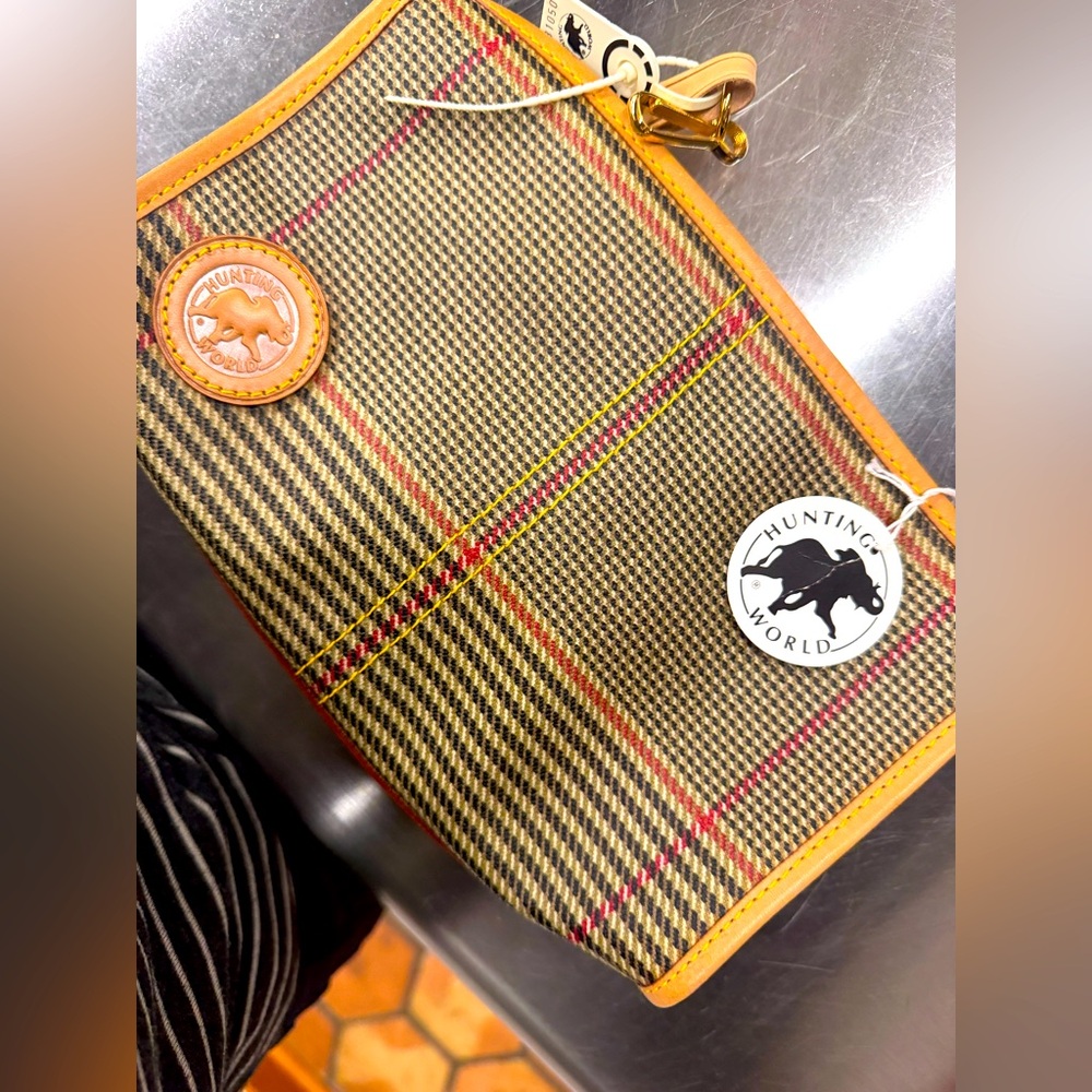 Hunting World never used with tags Scottish plaid leather clutch bag.